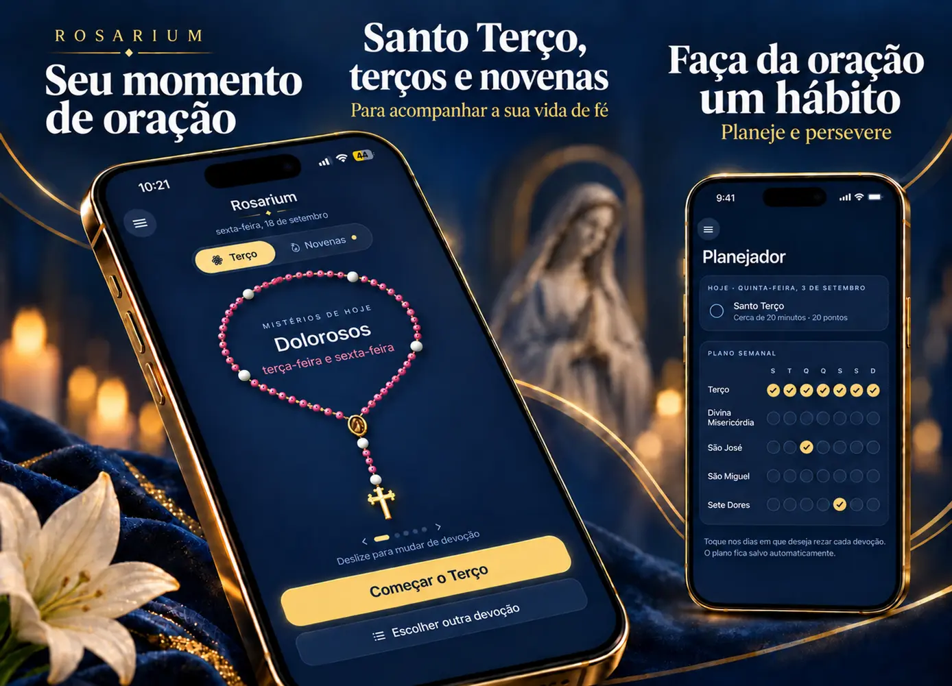Rosarium: o seu momento de oração; o Santo Terço, os terços e as novenas para acompanhar a sua vida de fé; e um planejador para fazer da oração um hábito, planejar e perseverar