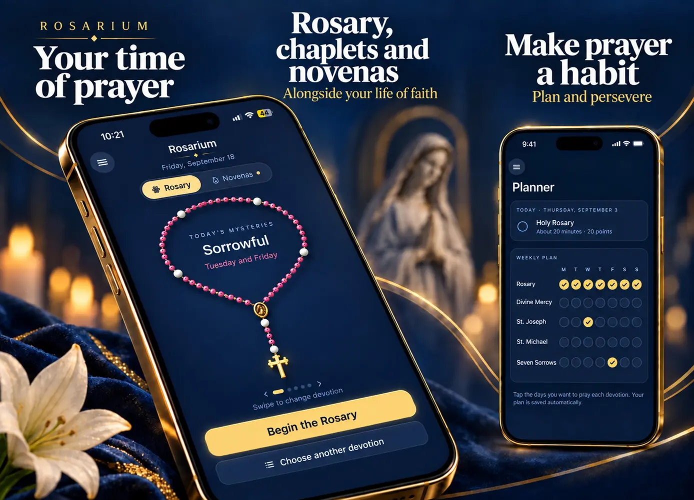 Rosarium: your time of prayer; the Rosary, chaplets and novenas alongside your life of faith; and a planner to make prayer a habit, plan and persevere