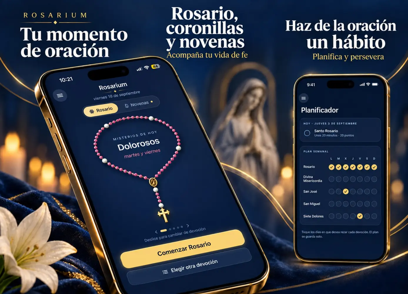 Rosarium: tu momento de oración; rosario, coronillas y novenas que acompañan tu vida de fe; y un planificador para hacer de la oración un hábito