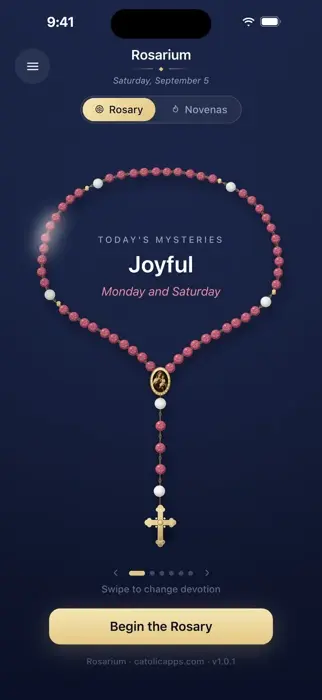 Rosarium showing the Holy Rosary with the mysteries for the day